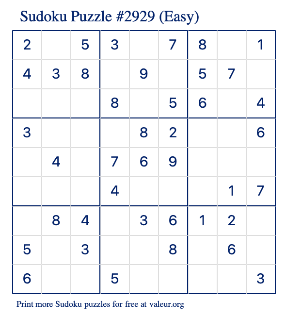 Free Printable Easy Sudoku Puzzle number 2929