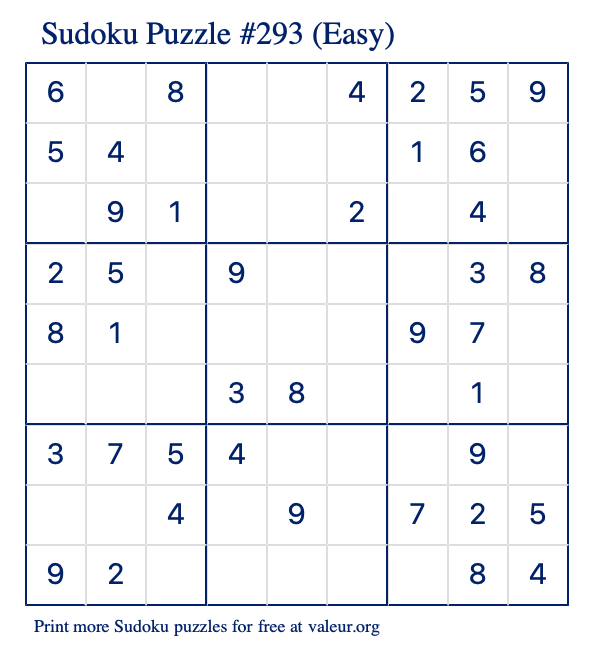 Free Printable Easy Sudoku Puzzle number 293