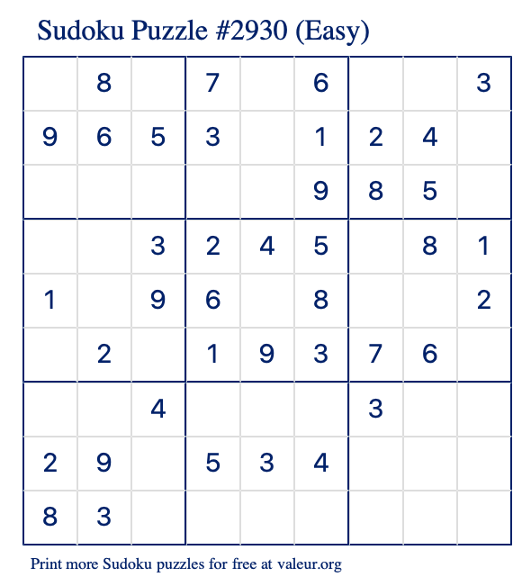 Free Printable Easy Sudoku Puzzle number 2930