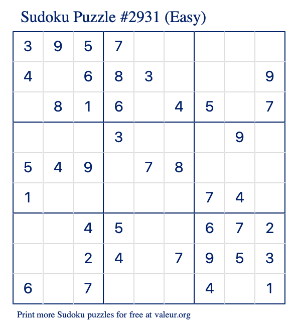 Free Printable Easy Sudoku Puzzle number 2931