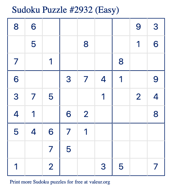 Free Printable Easy Sudoku Puzzle number 2932