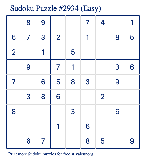 Free Printable Easy Sudoku Puzzle number 2934