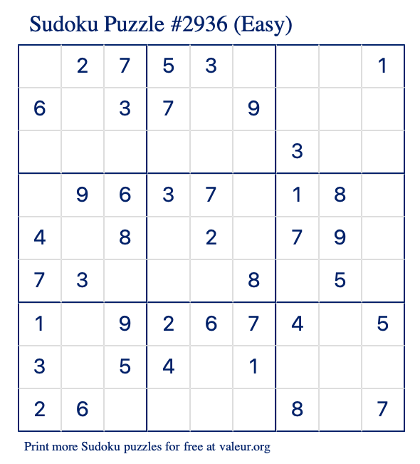 Free Printable Easy Sudoku Puzzle number 2936