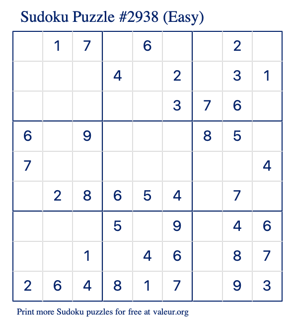 Free Printable Easy Sudoku Puzzle number 2938