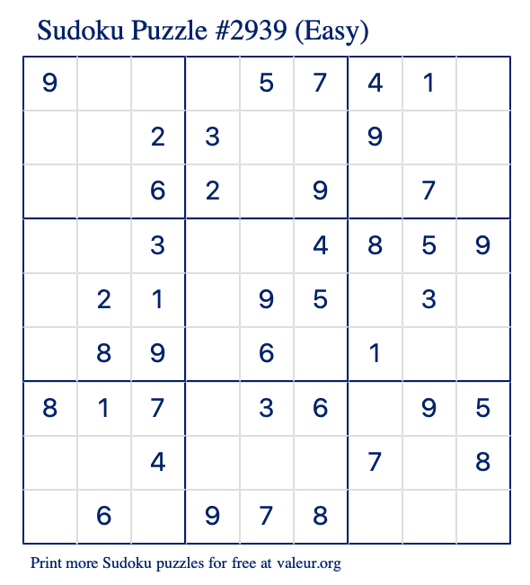 Free Printable Easy Sudoku Puzzle number 2939