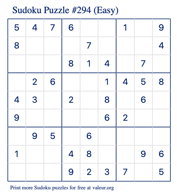 Free Printable Easy Sudoku Puzzle number 294