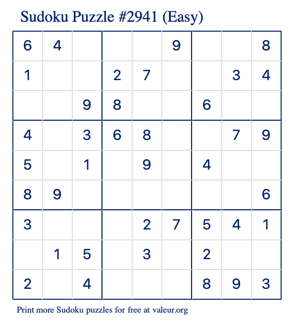 Free Printable Easy Sudoku Puzzle number 2941