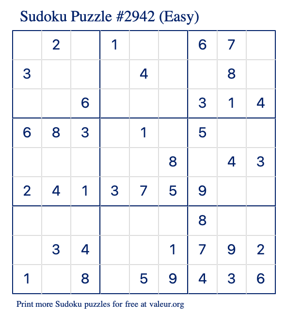 Free Printable Easy Sudoku Puzzle number 2942