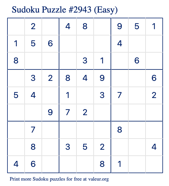 Free Printable Easy Sudoku Puzzle number 2943