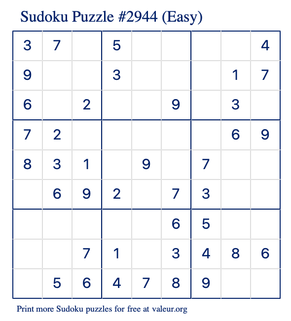 Free Printable Easy Sudoku Puzzle number 2944