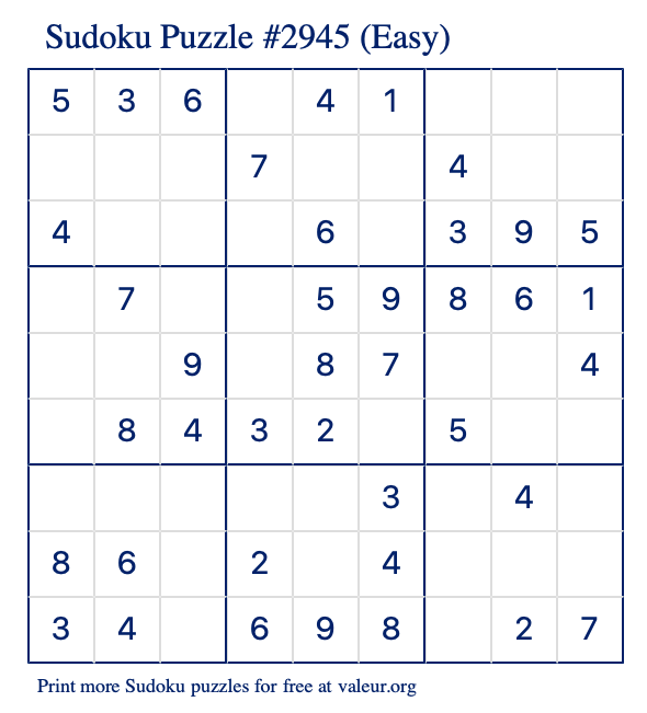 Free Printable Easy Sudoku Puzzle number 2945