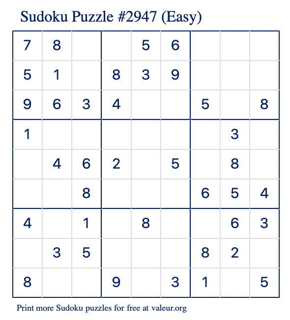 Free Printable Easy Sudoku Puzzle number 2947