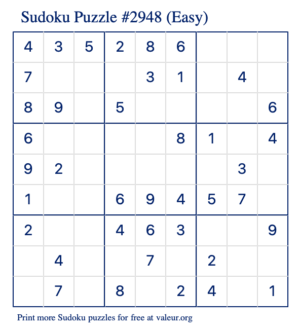 Free Printable Easy Sudoku Puzzle number 2948