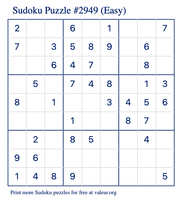 Free Printable Easy Sudoku Puzzle number 2949