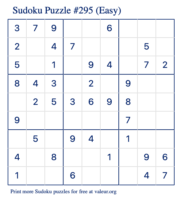 Free Printable Easy Sudoku Puzzle number 295