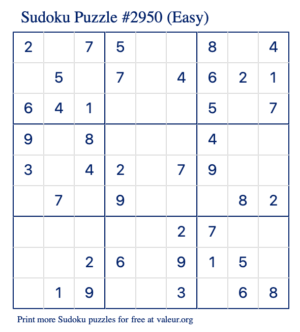 Free Printable Easy Sudoku Puzzle number 2950