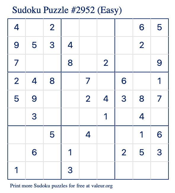 Free Printable Easy Sudoku Puzzle number 2952