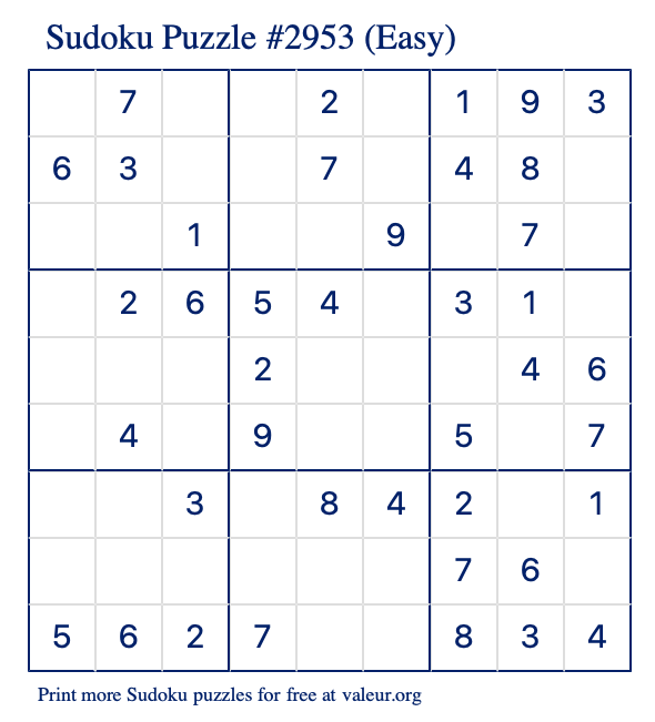 Free Printable Easy Sudoku Puzzle number 2953