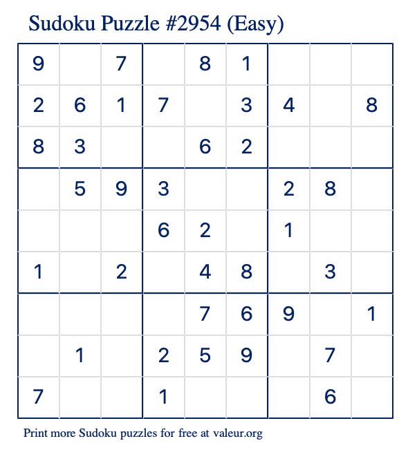 Free Printable Easy Sudoku Puzzle number 2954