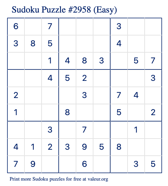 Free Printable Easy Sudoku Puzzle number 2958