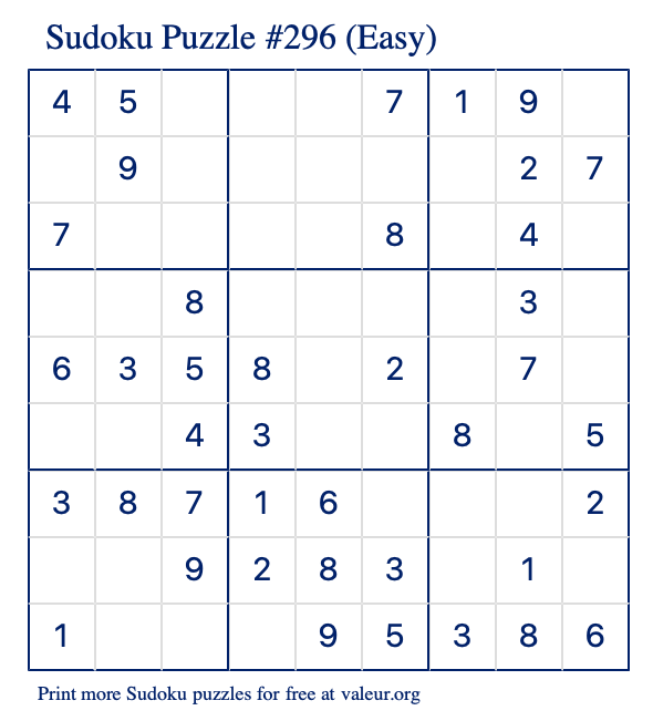 Free Printable Easy Sudoku Puzzle number 296