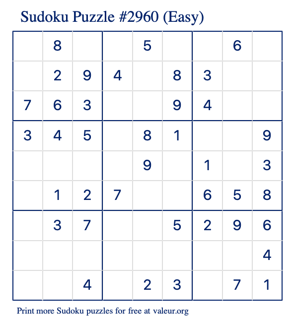 Free Printable Easy Sudoku Puzzle number 2960