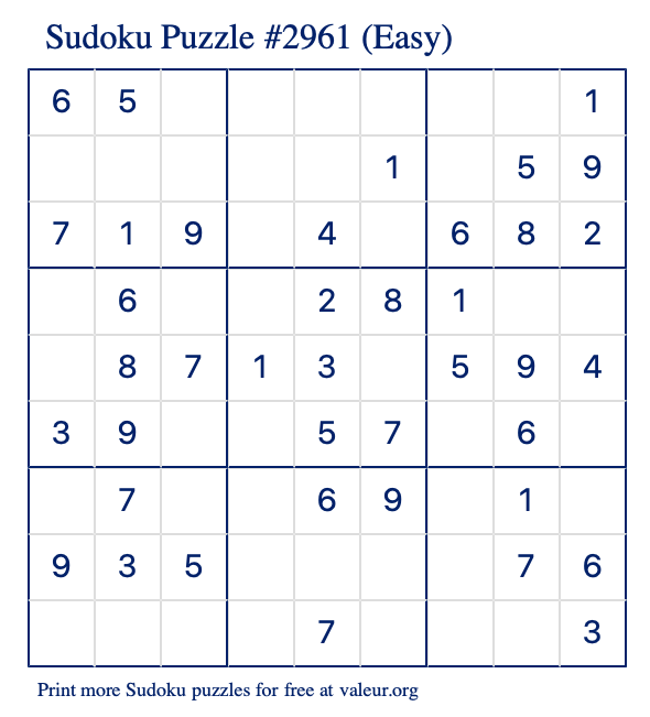 Free Printable Easy Sudoku Puzzle number 2961