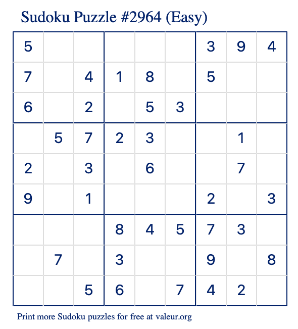 Free Printable Easy Sudoku Puzzle number 2964