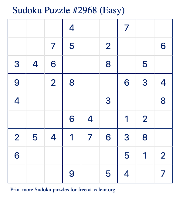 Free Printable Easy Sudoku Puzzle number 2968