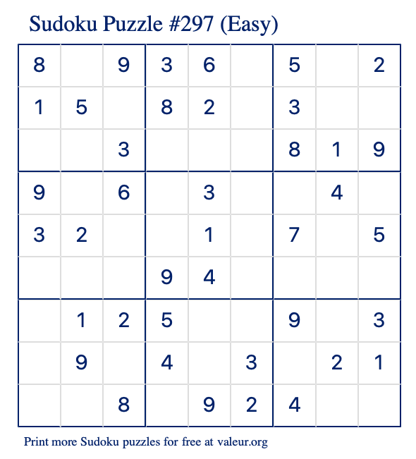 Free Printable Easy Sudoku Puzzle number 297