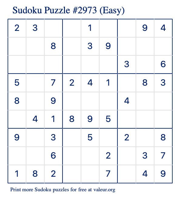 Free Printable Easy Sudoku Puzzle number 2973