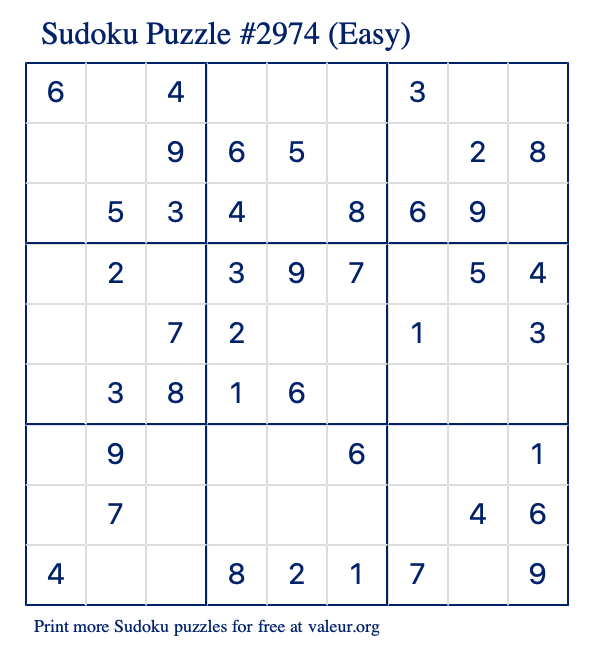 Free Printable Easy Sudoku Puzzle number 2974