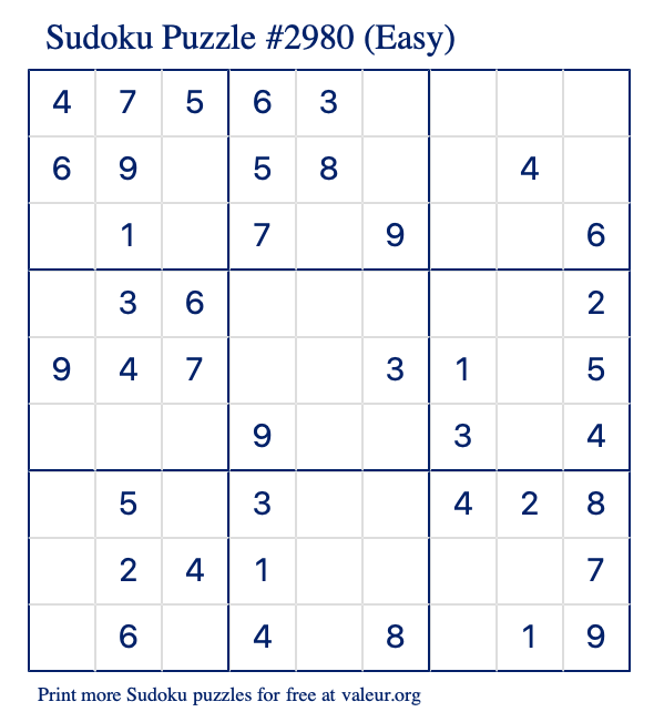 Free Printable Easy Sudoku Puzzle number 2980