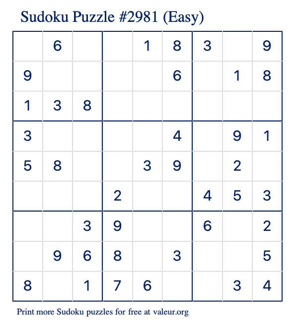 Free Printable Easy Sudoku Puzzle number 2981