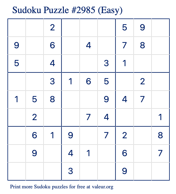 Free Printable Easy Sudoku Puzzle number 2985