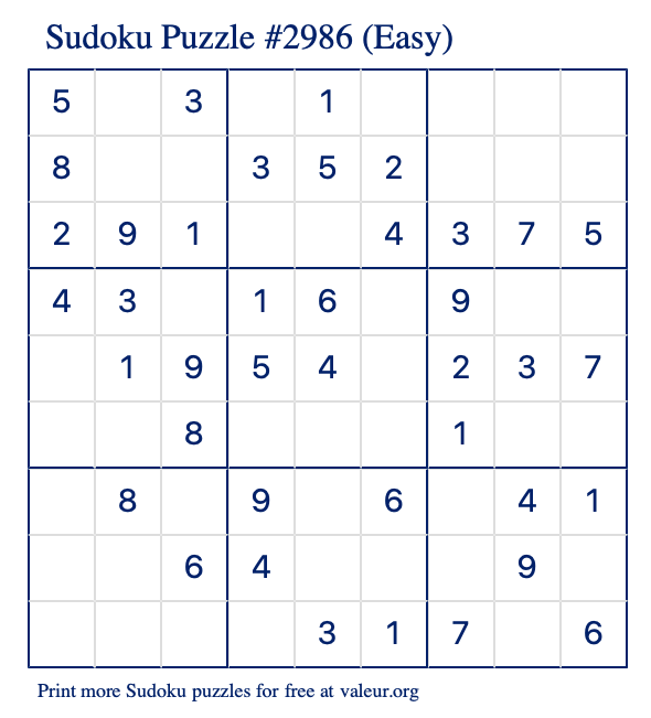 Free Printable Easy Sudoku Puzzle number 2986