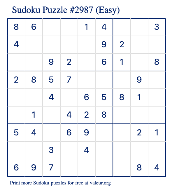 Free Printable Easy Sudoku Puzzle number 2987
