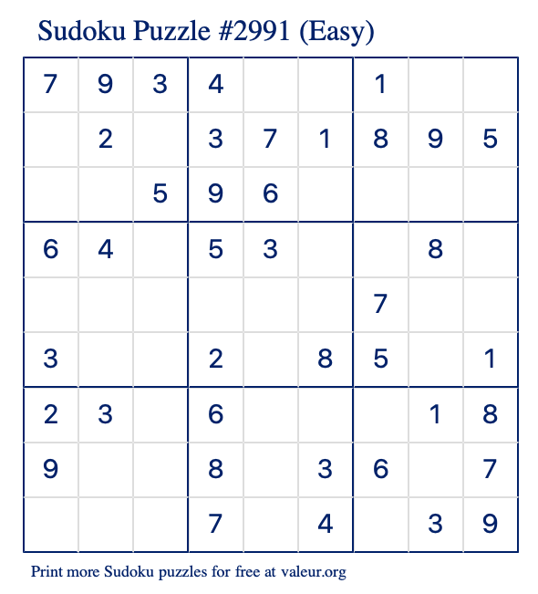 Free Printable Easy Sudoku Puzzle number 2991
