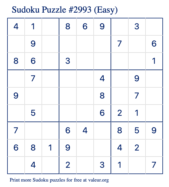 Free Printable Easy Sudoku Puzzle number 2993