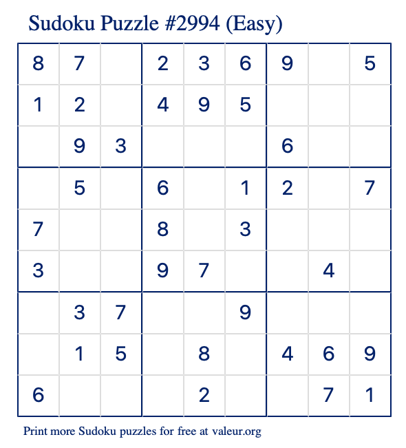 Free Printable Easy Sudoku Puzzle number 2994