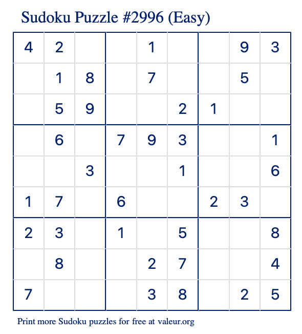 Free Printable Easy Sudoku Puzzle number 2996
