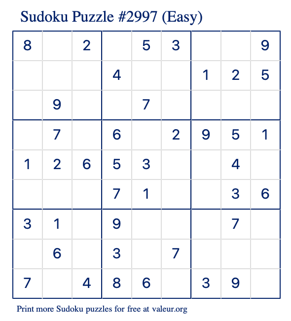 Free Printable Easy Sudoku Puzzle number 2997