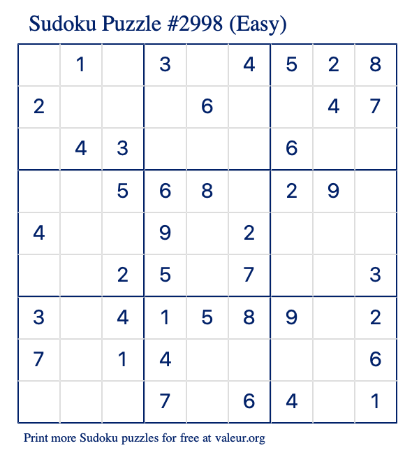 Free Printable Easy Sudoku Puzzle number 2998