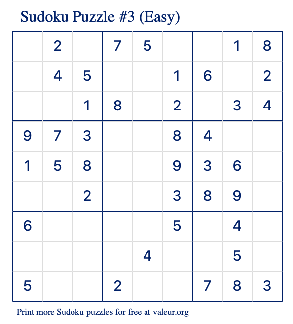 Free Printable Easy Sudoku Puzzle number 3