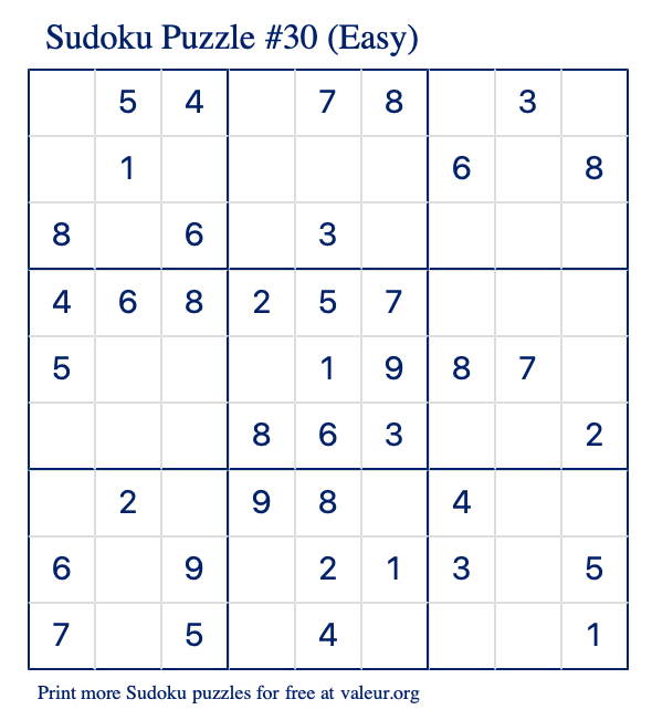 Free Printable Easy Sudoku Puzzle number 30