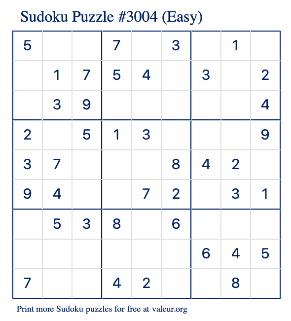 Free Printable Easy Sudoku Puzzle number 3004