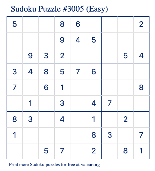 Free Printable Easy Sudoku Puzzle number 3005