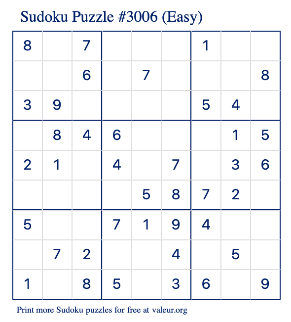 Free Printable Easy Sudoku Puzzle number 3006