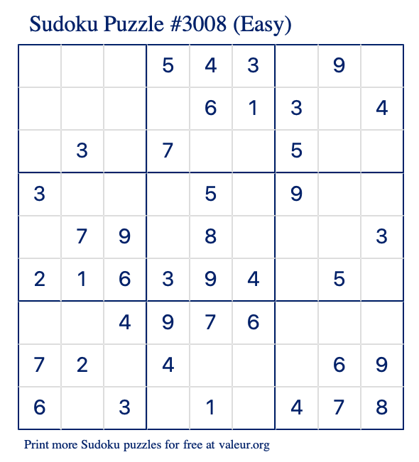 Free Printable Easy Sudoku Puzzle number 3008