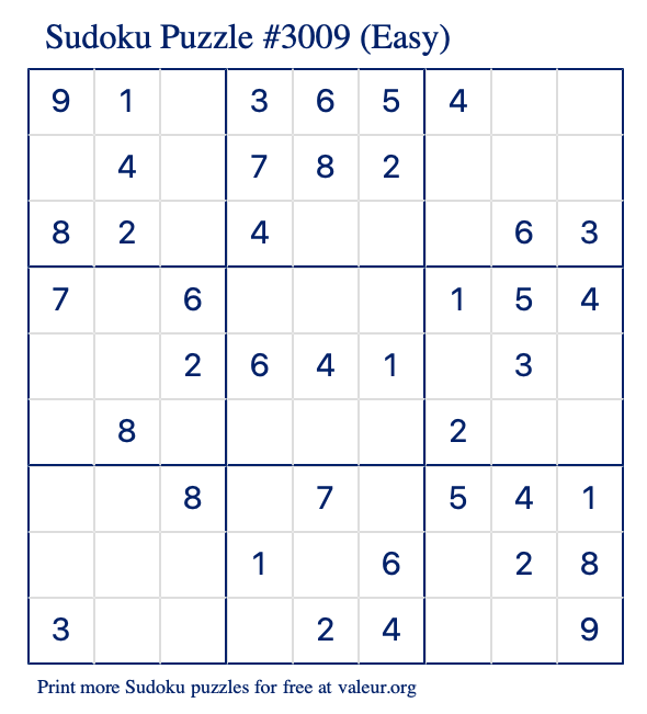 Free Printable Easy Sudoku Puzzle number 3009